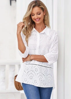 White Turndown Collar Hollow Embroidery Blouse -OLALA Clothing Shop 323718 P 16732267409954