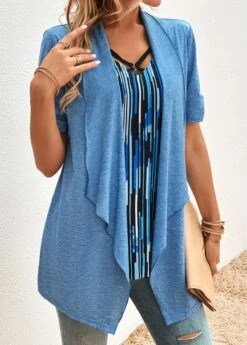 Blue Fake 2in1 Geometric Print Half Sleeve Blouse -OLALA Clothing Shop 323785 P 16788414754252