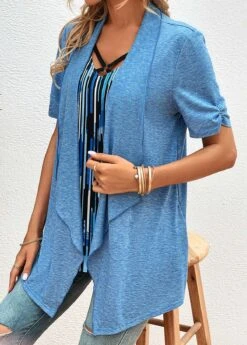 Blue Fake 2in1 Geometric Print Half Sleeve Blouse -OLALA Clothing Shop 323785 P 16788414759754