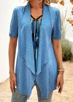 Blue Fake 2in1 Geometric Print Half Sleeve Blouse -OLALA Clothing Shop 323785 P 16788414759923