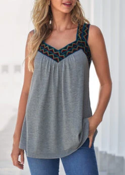 Grey Marl Fabric Stitching Shirred Tank Top -OLALA Clothing Shop 324069 P 1673318245449