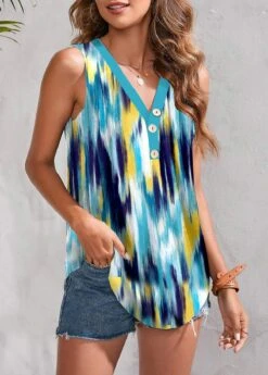 Multi Color Button Dazzle Colorful Print Tank Top -OLALA Clothing Shop 324821 P 1674030677686
