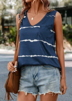 Dark Blue Pocket Striped Tank Top -OLALA Clothing Shop 325211 P 16762822377912