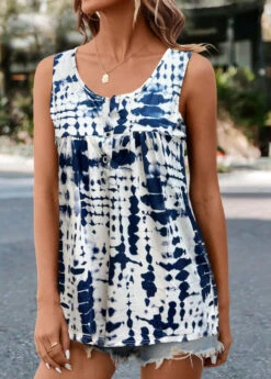 Dark Blue Button Tie Dye Print Tank Top 7 Dark Blue Button Tie Dye Print Tank Top -OLALA Clothing Shop 325221 P 16759464688422