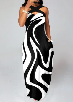 Black Criss Cross Geometric Print Maxi Dress