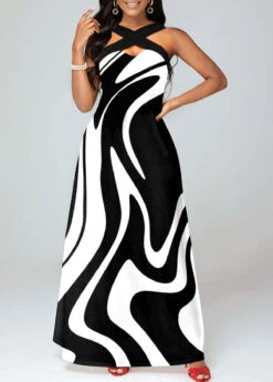 Black Criss Cross Geometric Print Maxi Dress -OLALA Clothing Shop 325237 P 1683364785219
