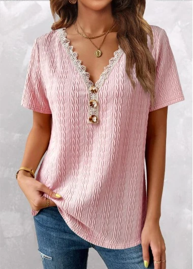Pink Twisted Short Sleeve V Neck T Shirt 3 Pink Twisted Short Sleeve V Neck T Shirt