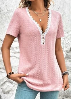 Pink Twisted Short Sleeve V Neck T Shirt 13 Pink Twisted Short Sleeve V Neck T Shirt -OLALA Clothing Shop 325361 P 16800562437663