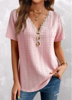 Pink Twisted Short Sleeve V Neck T Shirt 12 Pink Twisted Short Sleeve V Neck T Shirt -OLALA Clothing Shop 325361 P 16800562438282