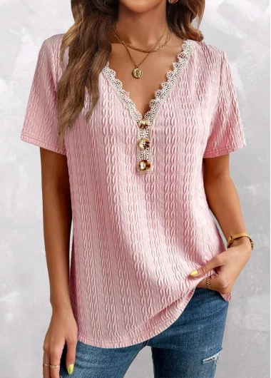 Pink Twisted Short Sleeve V Neck T Shirt 5 Pink Twisted Short Sleeve V Neck T Shirt - Image 3