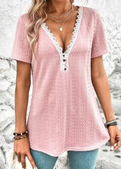 Pink Twisted Short Sleeve V Neck T Shirt 16 Pink Twisted Short Sleeve V Neck T Shirt -OLALA Clothing Shop 325361 P 16800562439666