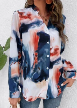 Multi Color Button Ink Painting Print Blouse -OLALA Clothing Shop 326094 P 16786712470685