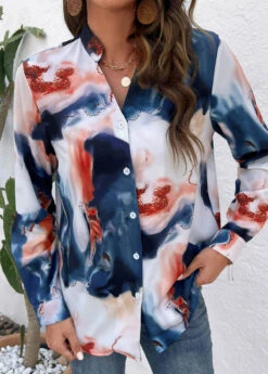 Multi Color Button Ink Painting Print Blouse -OLALA Clothing Shop 326094 P 16786712476183