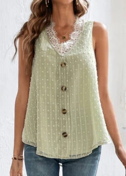 Light Green Patchwork Lace V Neck Tank Top -OLALA Clothing Shop 326377 P 16780773524594