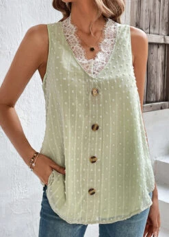 Light Green Patchwork Lace V Neck Tank Top -OLALA Clothing Shop 326377 P 16780773524920
