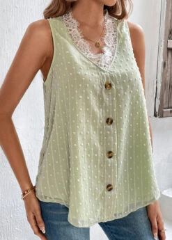 Light Green Patchwork Lace V Neck Tank Top -OLALA Clothing Shop 326377 P 16780773528762