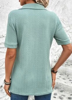 Mint Green Eyelet Short Sleeve Shirt Collar Blouse -OLALA Clothing Shop 326593 P 16798805413581