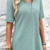 Mint Green Eyelet Short Sleeve Shirt Collar Blouse