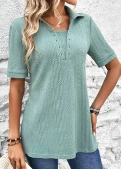 Mint Green Eyelet Short Sleeve Shirt Collar Blouse -OLALA Clothing Shop 326593 P 16798805419493