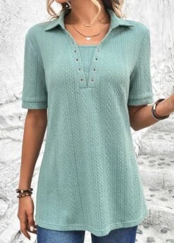 Mint Green Eyelet Short Sleeve Shirt Collar Blouse -OLALA Clothing Shop 326593 P 16798805419590