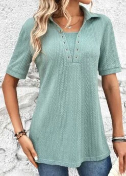 Mint Green Eyelet Short Sleeve Shirt Collar Blouse -OLALA Clothing Shop 326593 P 16798805422064