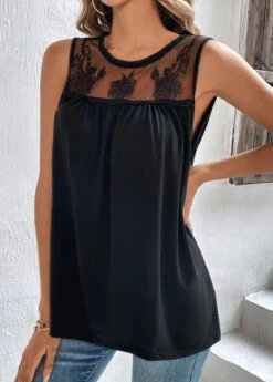 Black Patchwork Sleeveless Round Neck Tank Top -OLALA Clothing Shop 326703 P 16780774217242