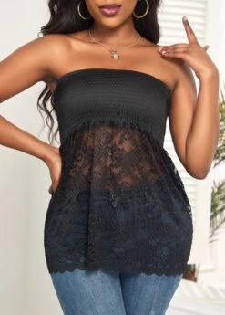 Black Lace Patchwork Bandeau Tank Top