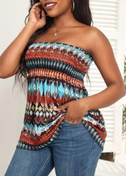 Multi Color Ruched Tribal Print Tank Top -OLALA Clothing Shop 326729 P 16799683241312