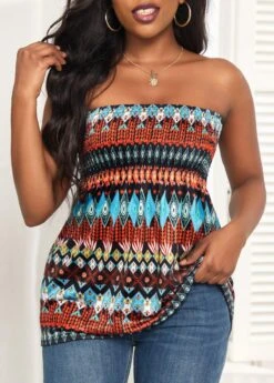 Multi Color Ruched Tribal Print Tank Top -OLALA Clothing Shop 326729 P 16799683243523