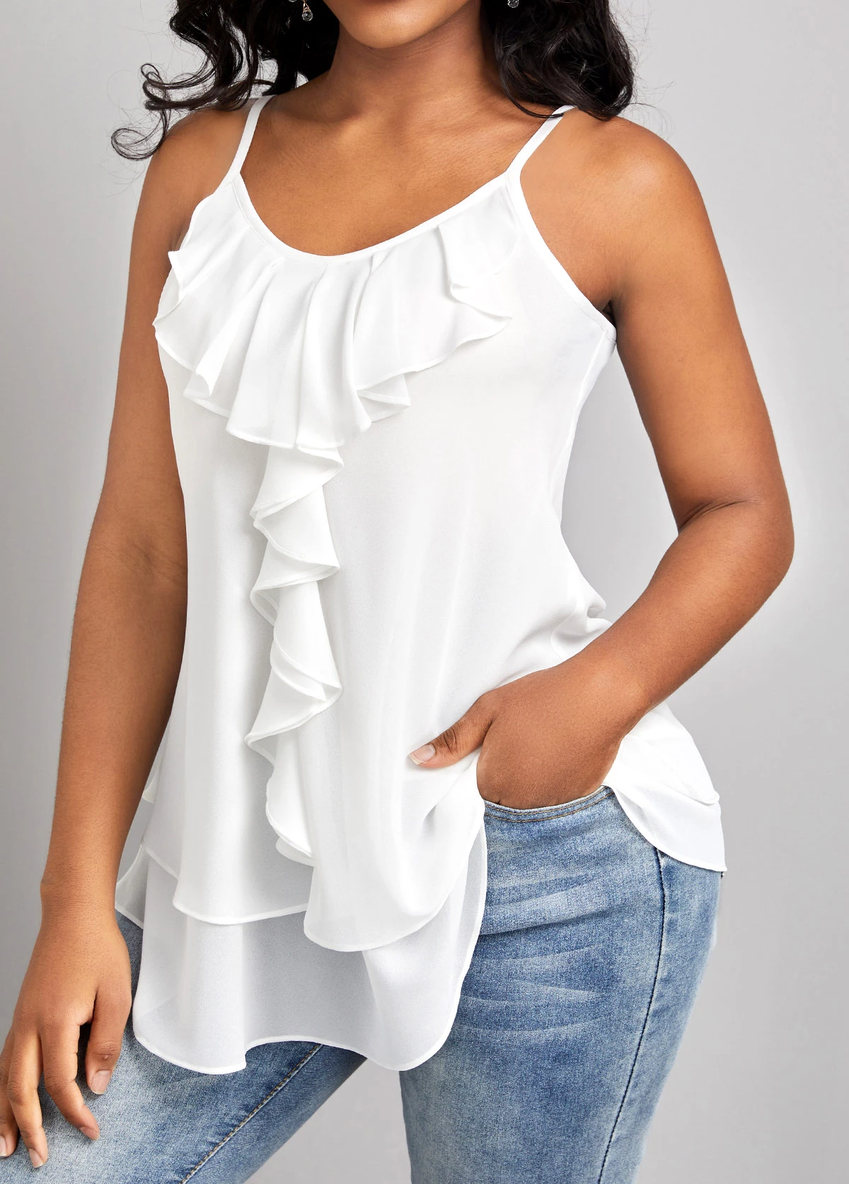 White Ruffle Strappy Scoop Neck Camisole Top 7 White Ruffle Strappy Scoop Neck Camisole Top - Image 5
