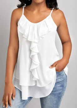 White Ruffle Strappy Scoop Neck Camisole Top 10 White Ruffle Strappy Scoop Neck Camisole Top -OLALA Clothing Shop 327273 P 16777450307473