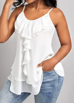 White Ruffle Strappy Scoop Neck Camisole Top 9 White Ruffle Strappy Scoop Neck Camisole Top -OLALA Clothing Shop 327273 P 16777450309832