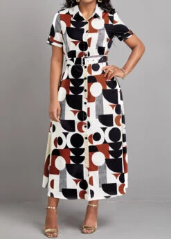 Multi Color Button Geometric Print Belted Dress -OLALA Clothing Shop 327299 P 16780643307153