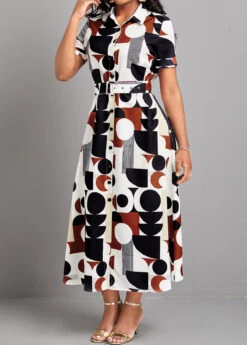 Multi Color Button Geometric Print Belted Dress -OLALA Clothing Shop 327299 P 16780643307582