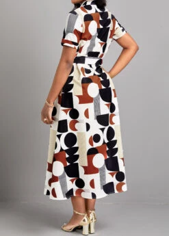 Multi Color Button Geometric Print Belted Dress -OLALA Clothing Shop 327299 P 16780643308641