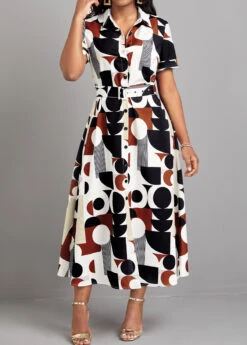 Multi Color Button Geometric Print Belted Dress -OLALA Clothing Shop 327299 P 16780643313744