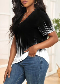 Black Lace Ombre Short Sleeve T Shirt -OLALA Clothing Shop 327578 P 16801772911032