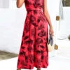 Red Umbrella Hem Leaf Print Sleeveless Maxi Dress -OLALA Clothing Shop 327641 P 16787910823440
