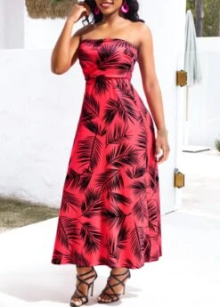 Red Umbrella Hem Leaf Print Sleeveless Maxi Dress -OLALA Clothing Shop 327641 P 16787910828744