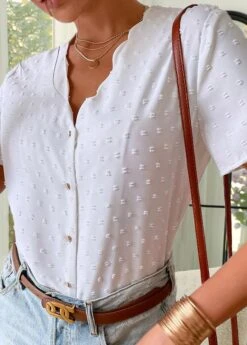 White Button Short Sleeve V Neck T Shirt -OLALA Clothing Shop 328104 P 1677637594272