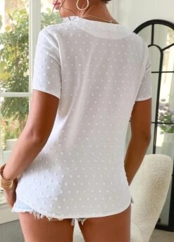 White Button Short Sleeve V Neck T Shirt -OLALA Clothing Shop 328104 P 1677637594333