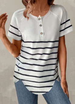 White Button Striped Short Sleeve T Shirt -OLALA Clothing Shop 328310 P 1678179200667