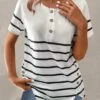 White Button Striped Short Sleeve T Shirt 1 White Button Striped Short Sleeve T Shirt -OLALA Clothing Shop 328310 P 1678179200952