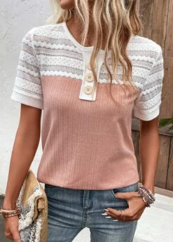 Pink Lace Short Sleeve Round Neck Blouse 13 Pink Lace Short Sleeve Round Neck Blouse -OLALA Clothing Shop 328437 P 16817818112535