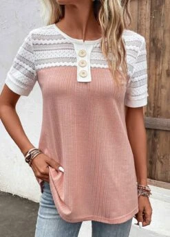 Pink Lace Short Sleeve Round Neck Blouse