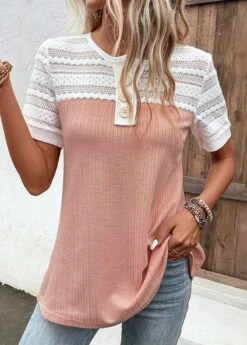 Pink Lace Short Sleeve Round Neck Blouse 10 Pink Lace Short Sleeve Round Neck Blouse -OLALA Clothing Shop 328437 P 16817818117942