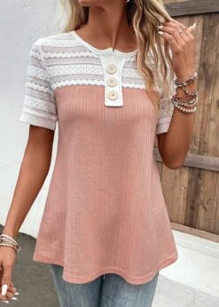 Pink Lace Short Sleeve Round Neck Blouse 12 Pink Lace Short Sleeve Round Neck Blouse -OLALA Clothing Shop 328437 P 16817818119934
