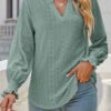 Sage Green Breathable Long Sleeve Split Neck Blouse -OLALA Clothing Shop 328569 P 1678095383483