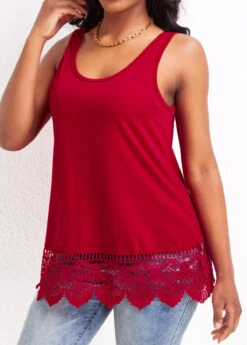 Red Lace Strappy Scoop Neck Tank Top -OLALA Clothing Shop 328727 P 16788834690602