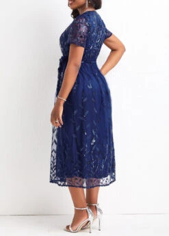 Blue Mesh Belted Short Sleeve V Neck Dress -OLALA Clothing Shop 328741 P 16798808866651